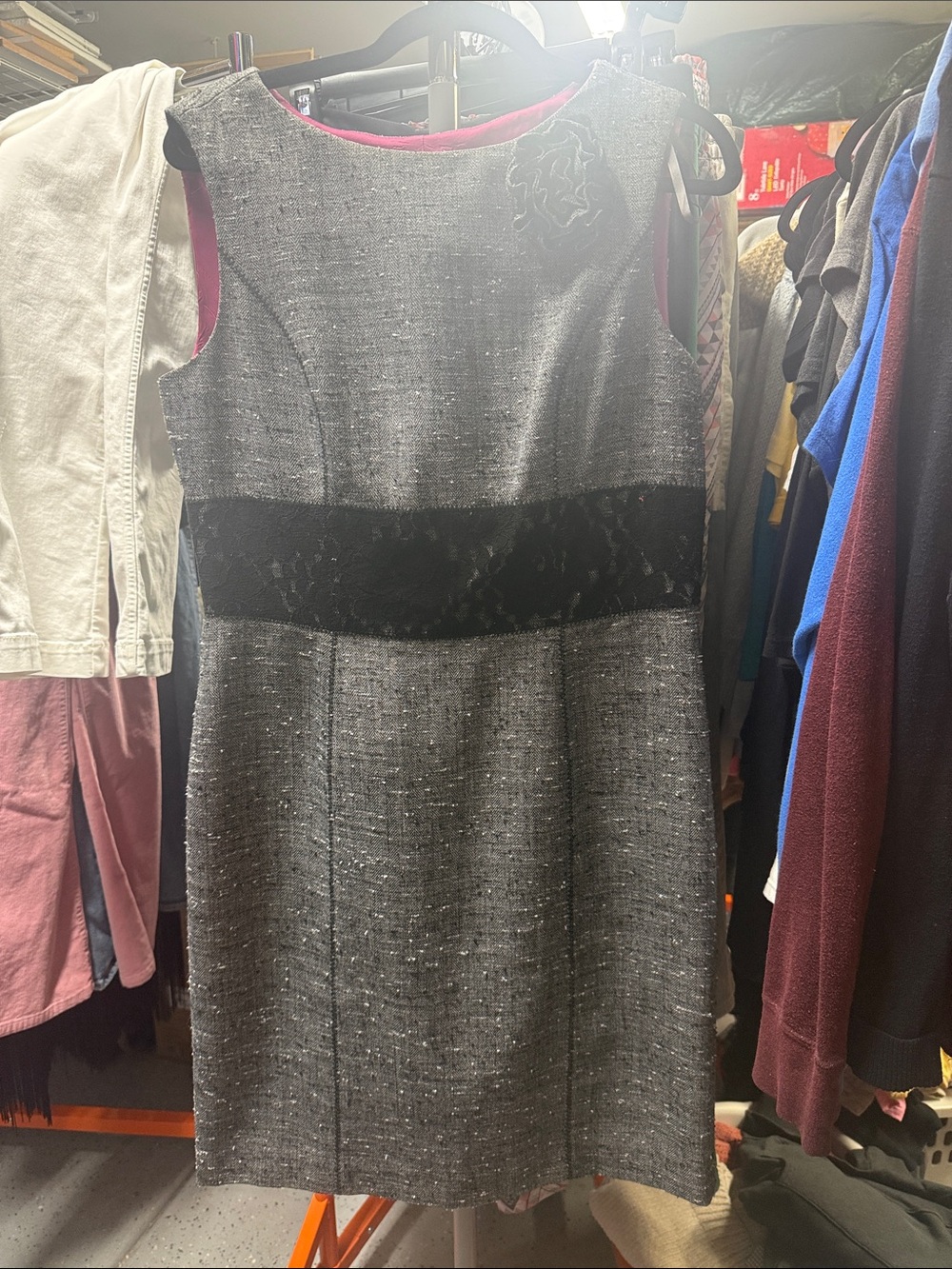 Muse Gray Tweed Sleeveless Shift Dress with Black Waistband and Pink Trim